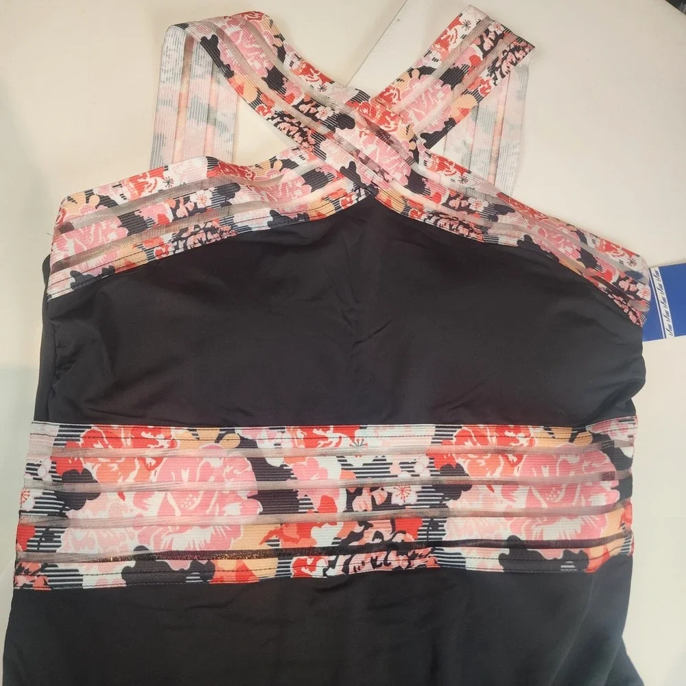 Hilor One Piece Swimsuit Women L Black Floral Mesh Crossover Resort Boho 646 NWT